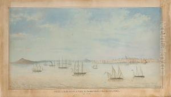 Vue Del Rade Et La Ville De Montevideo Sur La Rio Del La Plata 1825 A 1828 Oil Painting by Edouard Georges L. Weissandt