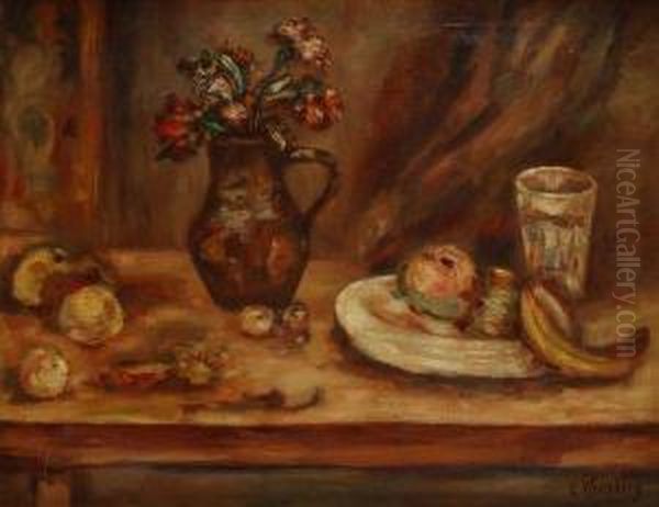 Nature Morte A La Cruche De Fleurs Et Aux Fruits Oil Painting by Leon Weissberg