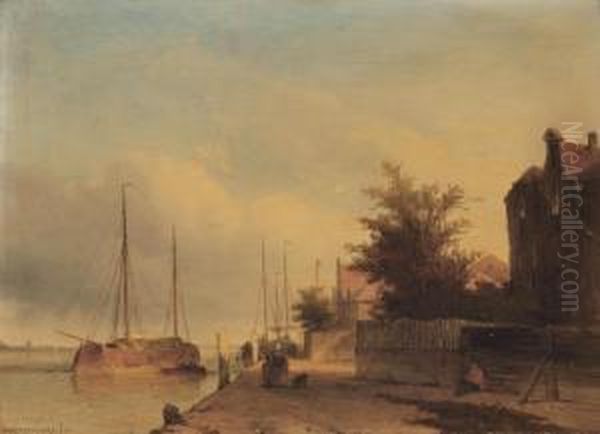 Figures On A Quayside In A Dutch Town Oil Painting by Jan Weissenbruch