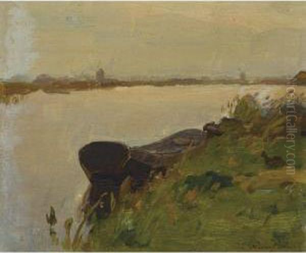 A Moored Boat In A Polder Landscape Oil Painting by Jan Weissenbruch