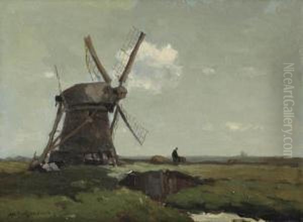 Windmill In A Polder Landscape Oil Painting by Jan Hendrik Weissenbruch