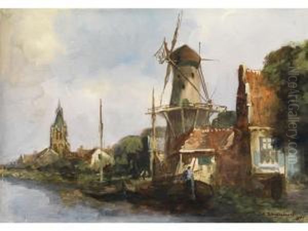 Windmuhle Und Fischerhauser Indelft Oil Painting by Jan Hendrik Weissenbruch