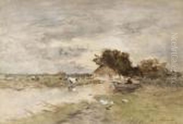 A Farmhouse In A Polder Landscape Oil Painting by Jan Hendrik Weissenbruch