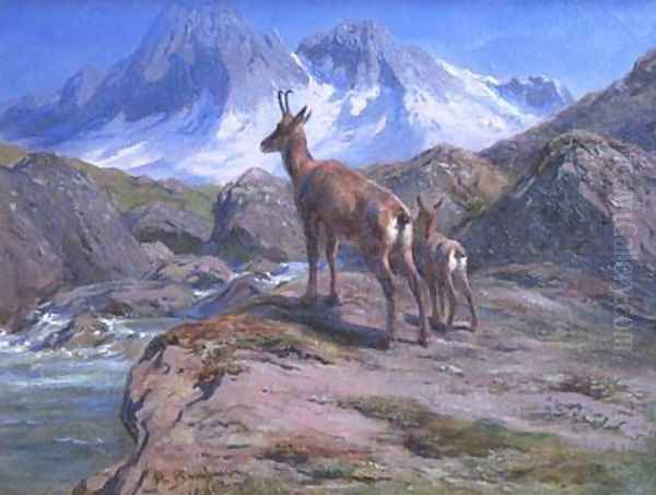 Chamois Mother and Baby Oil Painting by Rosa Bonheur