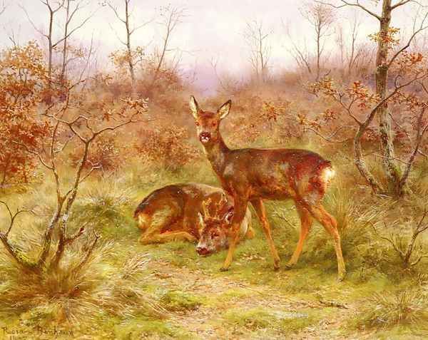 Un Couple De Chevreuils Dans Le Foret De Fontainebleau (A Couple of Roe-deers in the Forest of Fontainebleau) Oil Painting by Rosa Bonheur