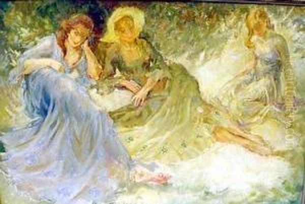 Hree Female Figures Semi-reclining And Wearing Summer Dresses, 