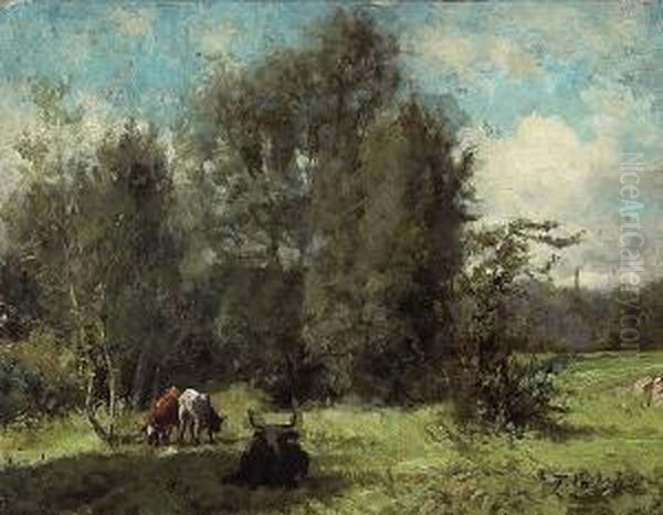 Cows Grazing In A Forest Clearing Oil Painting by Thaddeus Welch