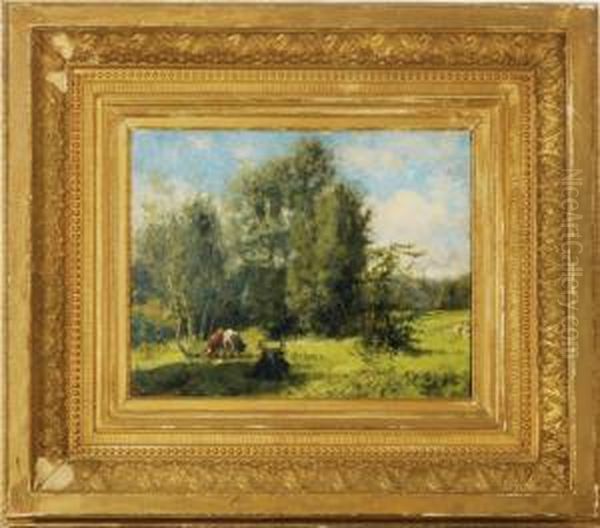 Cows Grazing In A Forest Clearing Oil Painting by Thaddeus Welch