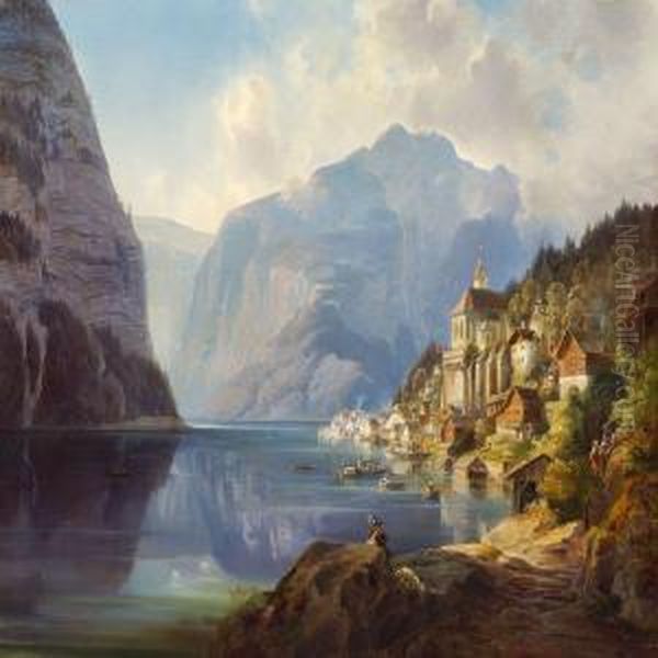 View Of Zell Am See In Salzkammergut Oil Painting by Theodor Leopold Weller