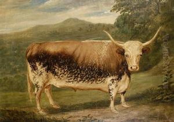 A Long Horned Bull In A Landscape Oil Painting by E.F. Welles