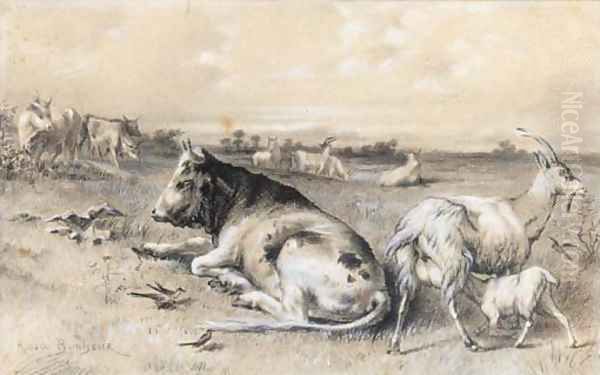 Cattle and goats in a landscape Oil Painting by Rosa Bonheur