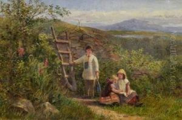 Children At A Stile In A Wooded Landscape Oil Painting by George Wells