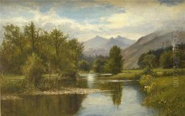 Bewaldeter Flusslauf Mit Nebelverhangenem Felsmassiv Oil Painting by George Wells