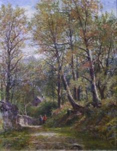 Woodland Scene With Cottage And Figures Oil Painting by George Wells