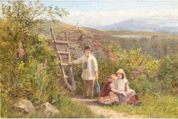 Children In A Summer Landscape Oil Painting by George Wells