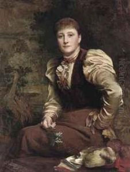 Portrait Of Ruth Hodgson, Seated Three-quarter-length, In A Browndress, Holding A Spray Of Lilies Of The Valley Oil Painting by Henry Tanworth Wells