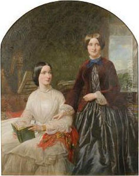 A Portrait Of Two Young Women In Aninterior Oil Painting by Henry Tanworth Wells