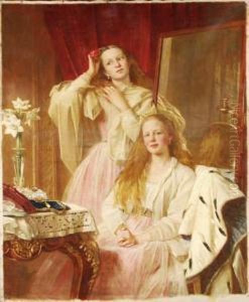 A Portrait Oftwo Girls In An Dressing Room Oil Painting by Henry Tanworth Wells