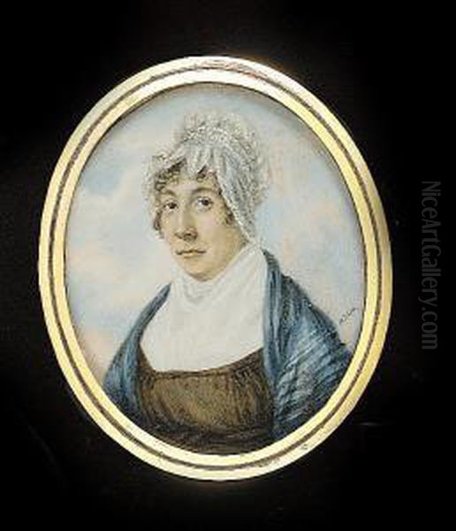 A Pair Of Portraits Of A Lady And Gentleman: She, Wearing Brown Dress With White Fichu, Blue Shawl And White Bonnet; He, Wearing Black Coat And White Cravat Oil Painting by Jeremiah D. Wells