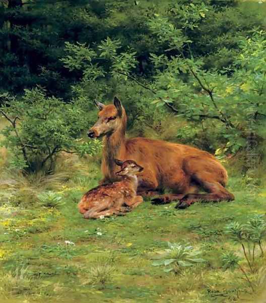 Biche et faon dans un sous-bois (A doe and her fawn in a thicket) Oil Painting by Rosa Bonheur