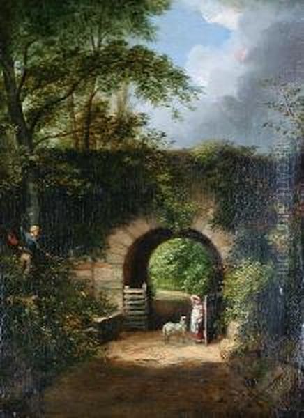 Girl With A Lamb On A Country Lane By Anarchway, With Two Young Boys Climbing A Tree Oil Painting by William Frederick Wells