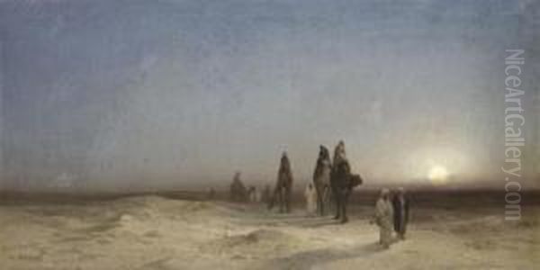 Evening In The Desert With Bedouins Oil Painting by Karl Friedrich Ch. Welsch