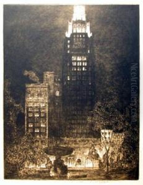 American Radiator Building At Night; Twilight, Bryant Park Oil Painting by Horace Devitt Welsh