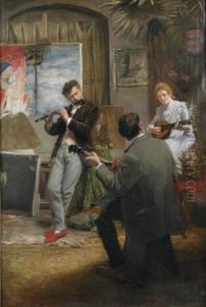 Musicians At Playin An Artist's Studio Oil Painting by Carl Welz