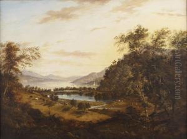 A Panoramic Highland Landscape With Distant Lochside Town Oil Painting by Elizabeth Wemyss Nasmyth