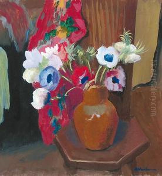 Bouquet D'anemones Sur La Table Oil Painting by Albert Wenbaum