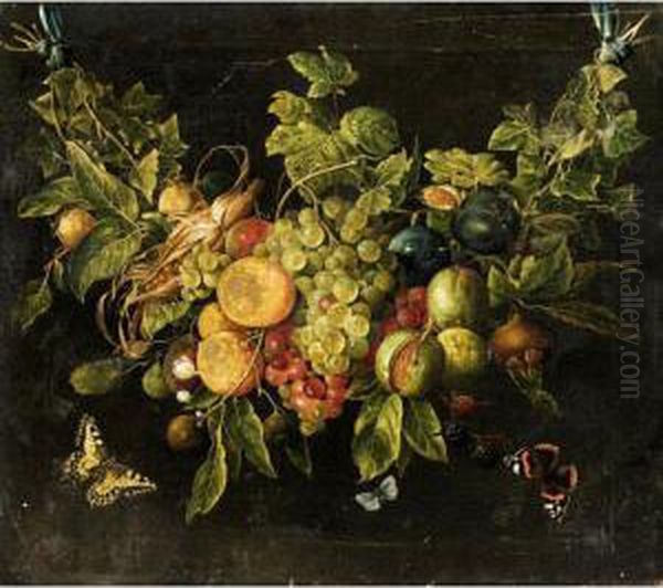 A Swag Of Fruits Hanging From Blue Ribbons With Butteflies Flying Nearby Oil Painting by Ernestine Wendel