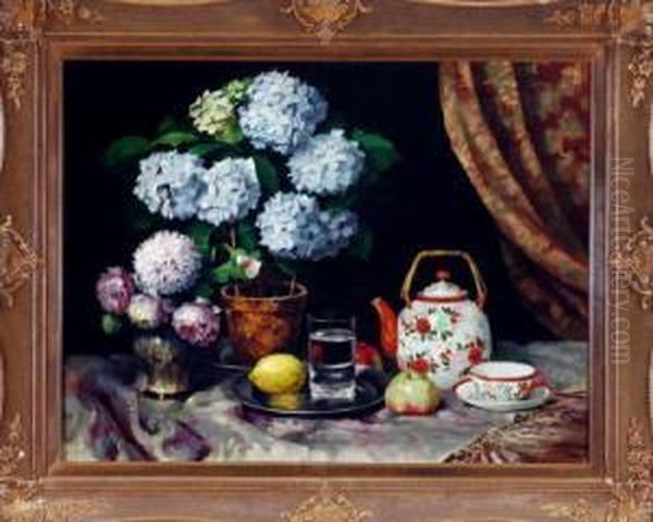 Stilleben Mit Blumen, Obst Und Geschirr Oil Painting by Wenzel Hermann Wendlberger