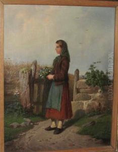 Madchen Mit Blumenstraus Vor Getreidefeld Oil Painting by Friedrich Moritz Wendler