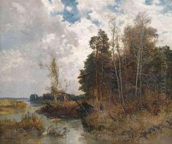 Autumnal Moorlandswith Huntsmen. Oil Painting by Joseph Wenglein