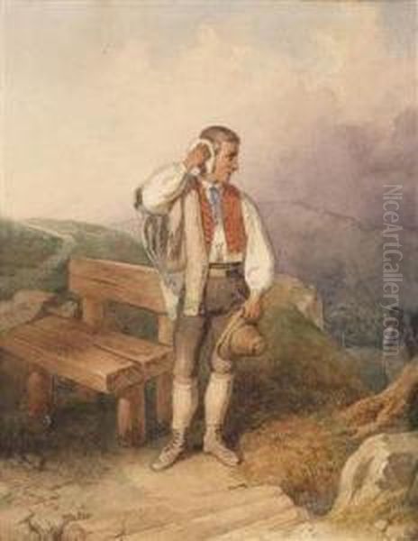 A Treveeler At Resting Place Oil Painting by Johann Baptist Wengler