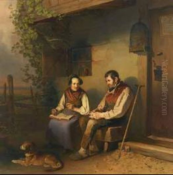 Couple Reading Outside A Cottage With Their Dog Oil Painting by Johann Baptist Wengler