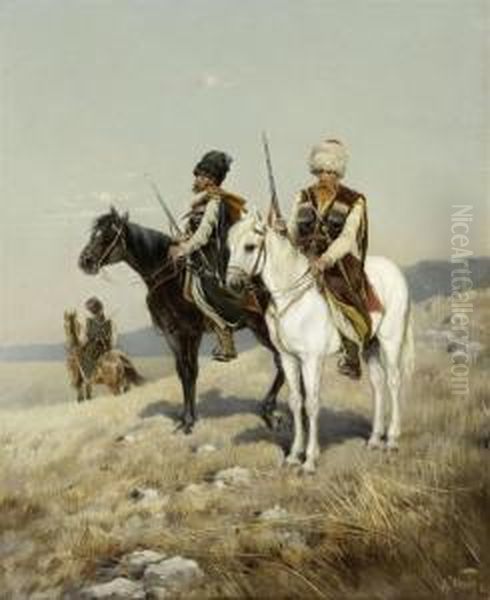 Three Cossacks On Horseback Oil Painting by Karl Bodganovich Venig