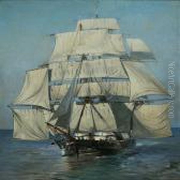 Seascape With Sailingship In Calm Waters Oil Painting by Albert Wenk