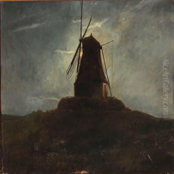 Late Evening With A View To A Mill In Moonlight Oil Painting by Carl Wentorf