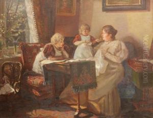 Mere Et Ses Filles. Oil Painting by Carl Wentorf