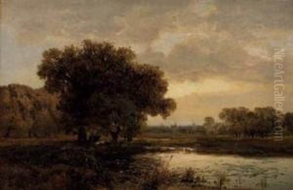 Dorfweide Mit Teich Beiabendstimmung Oil Painting by Julius Wentscher