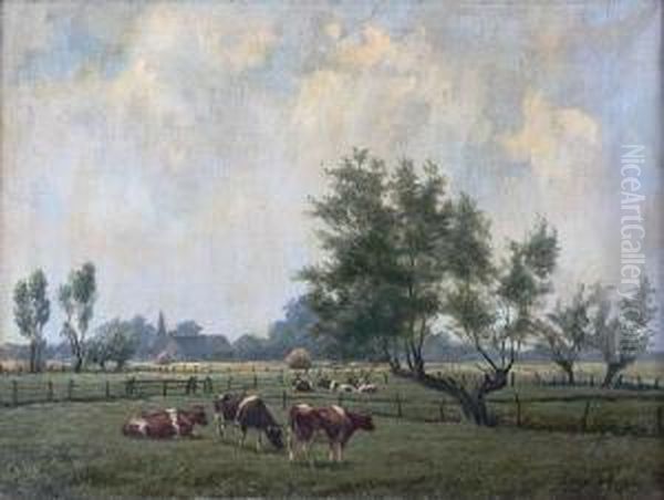 Sommerlandschaft Mit Weidenden Kuhen Oil Painting by Leopold Wenzel