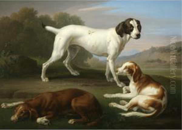 A Pointer And Two Setters In An Extensive Landscape Oil Painting by Peter Wenzel