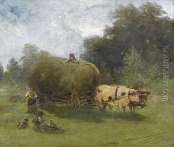 Ochsengespann Mit Heuwagen Und Figurenstaffage Oil Painting by Oscar Wergeland