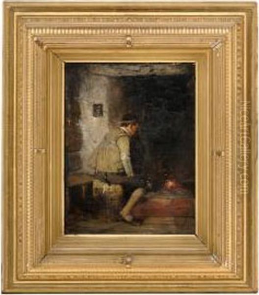 Boy By Afireplace Oil Painting by Oscar Wergeland