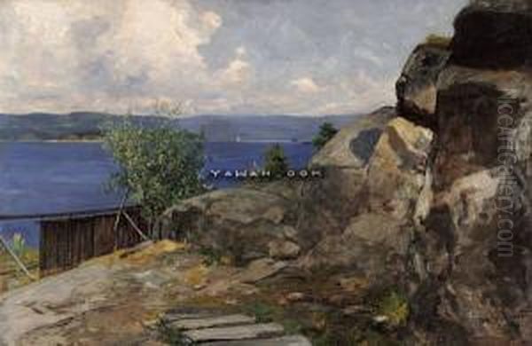 Fjordlandskap I Solskinn Olje Pa Lerret Oil Painting by Oscar Wergeland