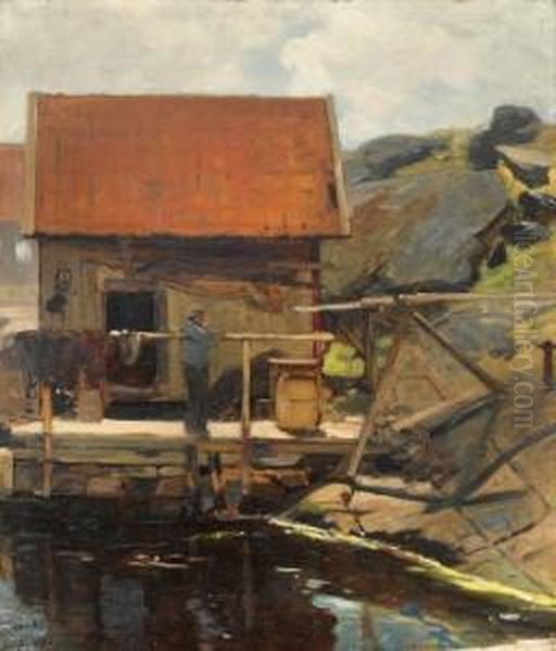 Man On Jetty, Svinaer 1883 Oil Painting by Oscar Wergeland