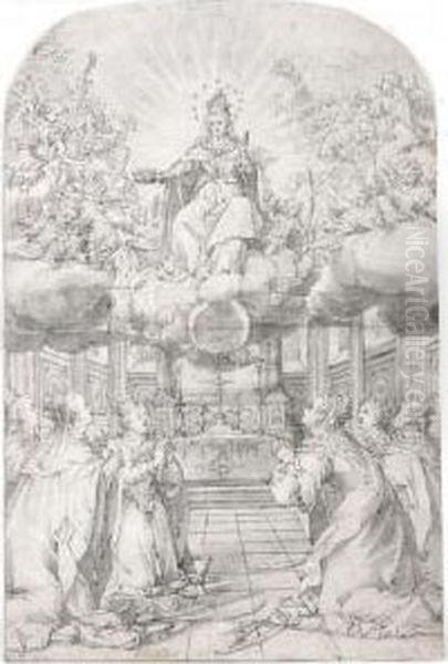 Sts. Catherine, Barbara, Ursula And Three Other Female Saints Adoring The Virgin In Glory Oil Painting by Hans Werl