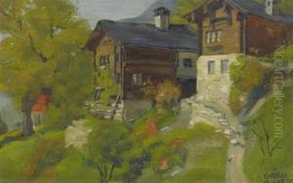 Two Houses In The Mountains Oil Painting by Ludwig Werlen