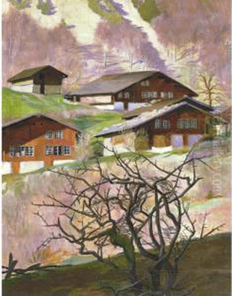 Chalets Dans Un Paysage A L'arbuste Gris Oil Painting by Ludwig Werlen